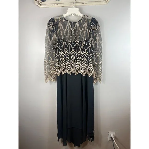 Cachet | Dresses | Cachet By Bari Protas Midi Black Dress Gold Lace Overlay  Formal Gown Size 9 | Poshmark